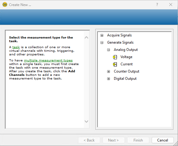 The DAQ Assistant interface when selecting a measurement type.